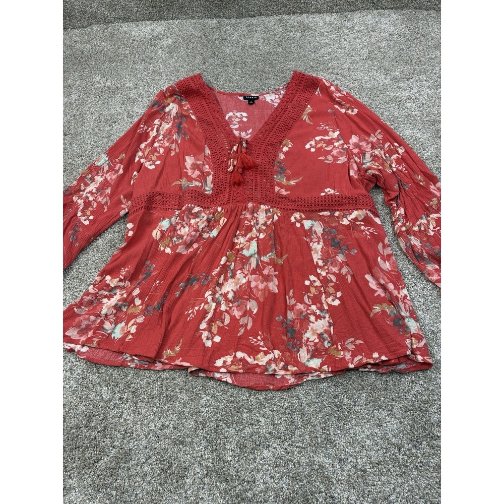 Torrid Babydoll‎ Crochet Trim Lace Up Top Bell Sleeves Orange Floral Sz 4X #0458
